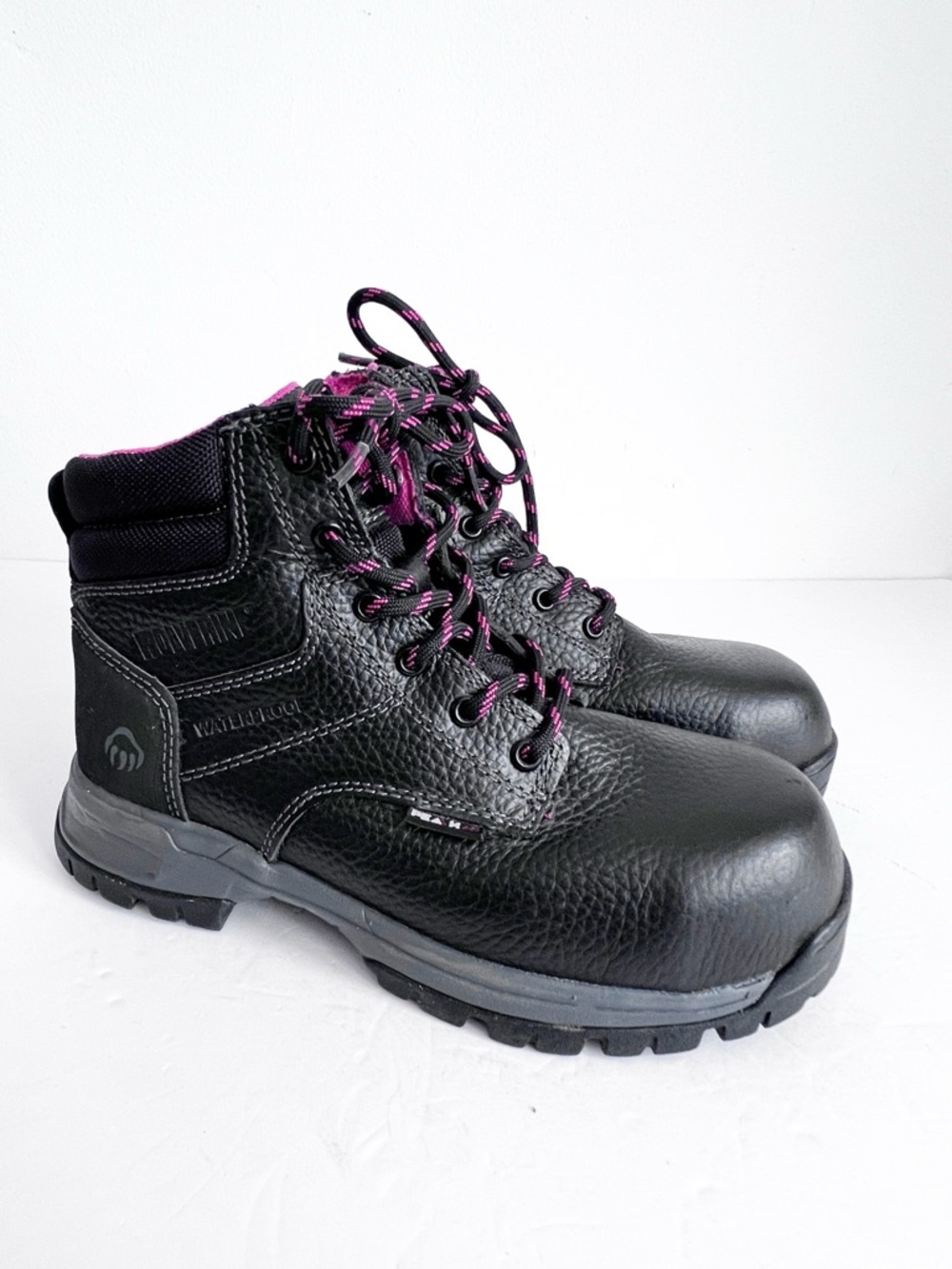SZ 5.5 Wolverine Black Lace-Up Durable Rugged Work Boots with Pink Accents